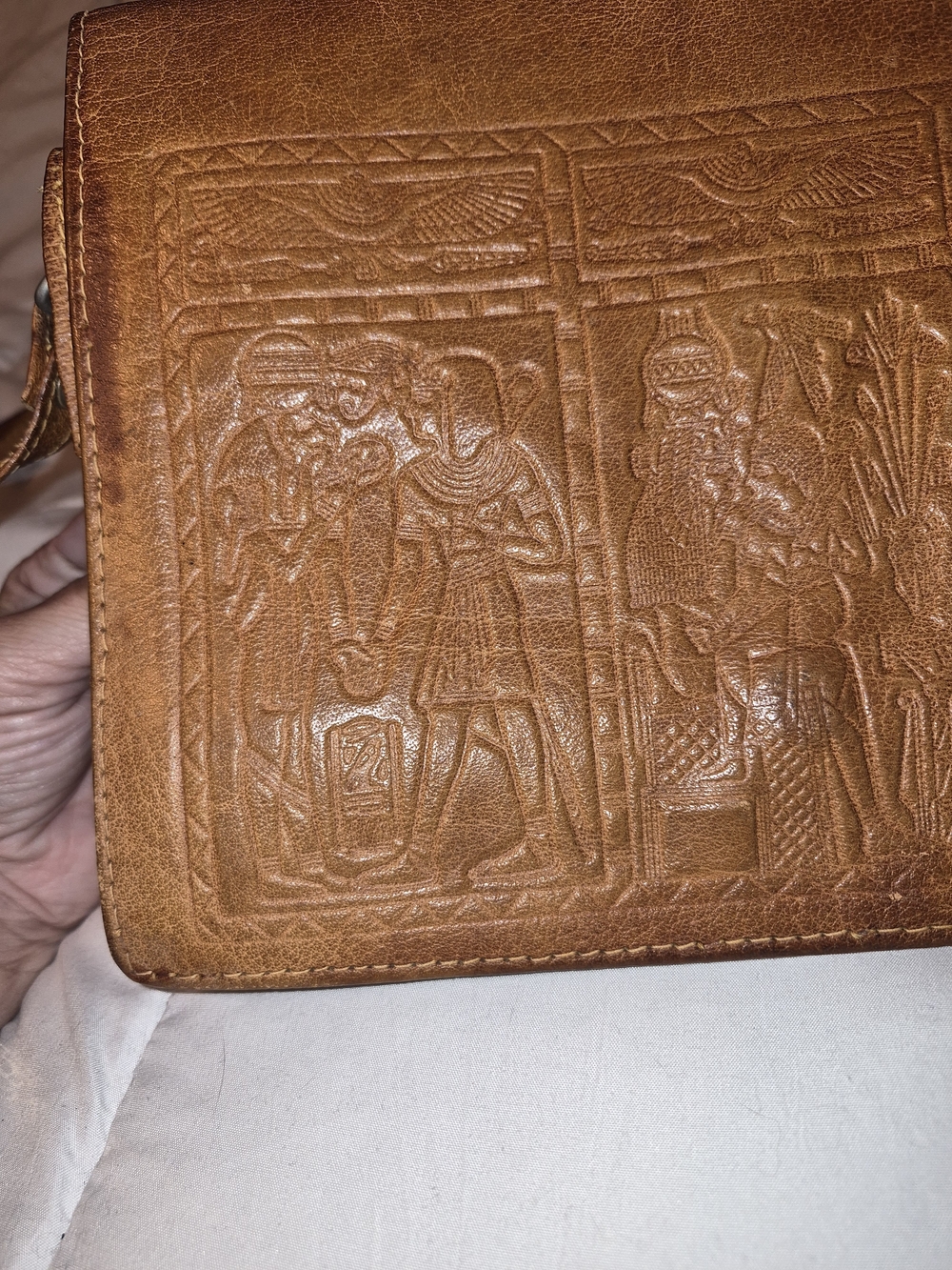 Leather Embossed Egyptian-inspired design. Messenger Bag - Brown